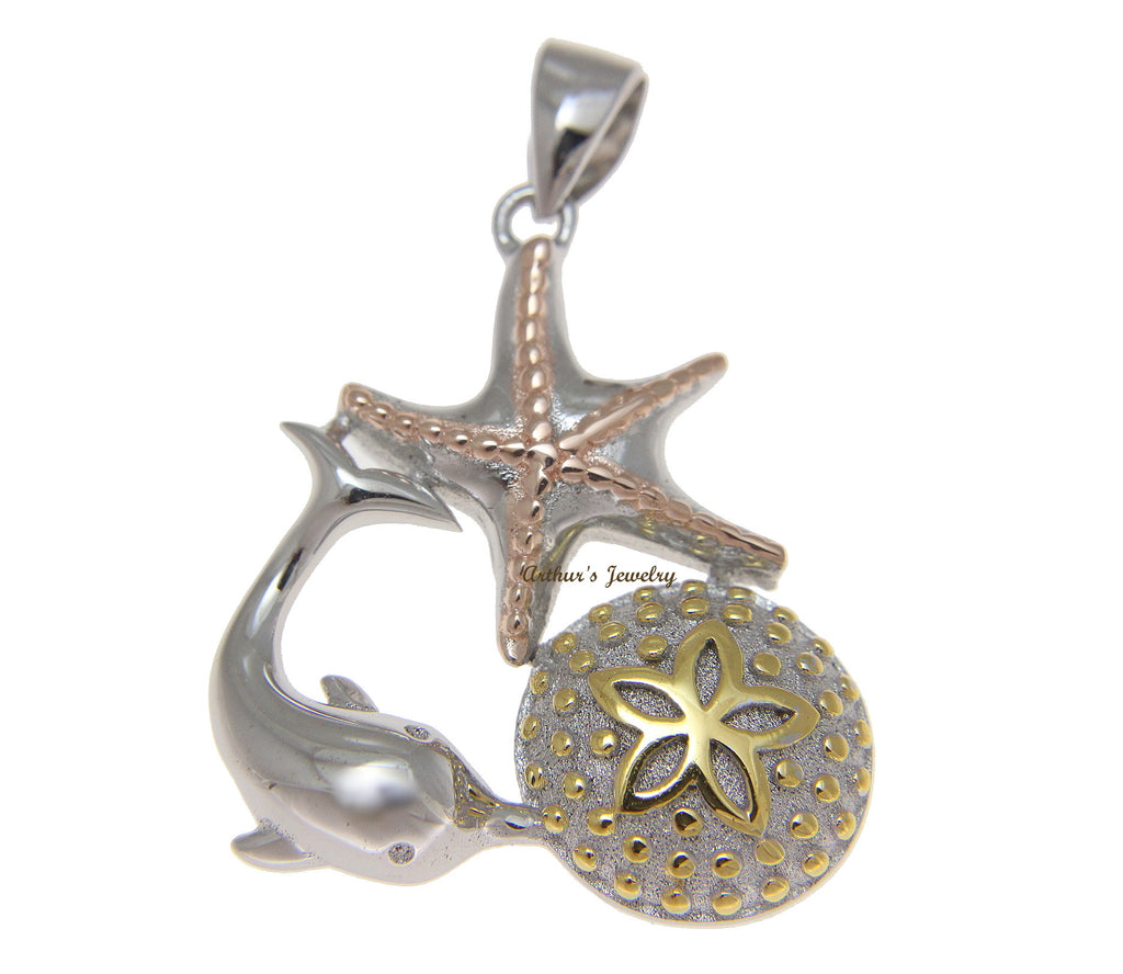 925 Silver Tricolor Hawaiian Sealife Dolphin Sand Dollar Starfish Pendant