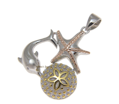 925 Silver Tricolor Hawaiian Sealife Dolphin Sand Dollar Starfish Pendant