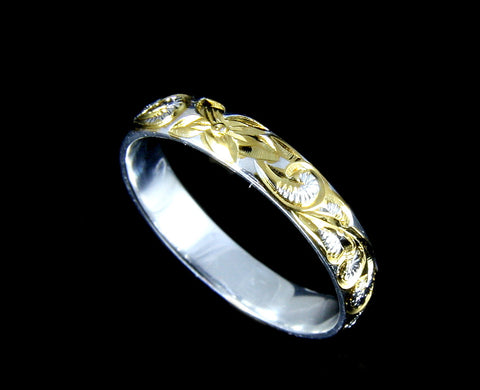 4MM YELLOW GOLD PLATED SILVER 925 HAWAIIAN PLUMERIA SCROLL BAND RING SIZE 2 - 12
