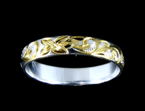 4MM YELLOW GOLD PLATED SILVER 925 HAWAIIAN PLUMERIA SCROLL BAND RING SIZE 2 - 12