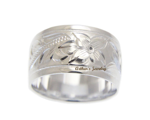925 STERLING SILVER HAWAIIAN PLUMERIA SCROLL ENGRAVED 12MM SMOOTH EDGE BAND RING