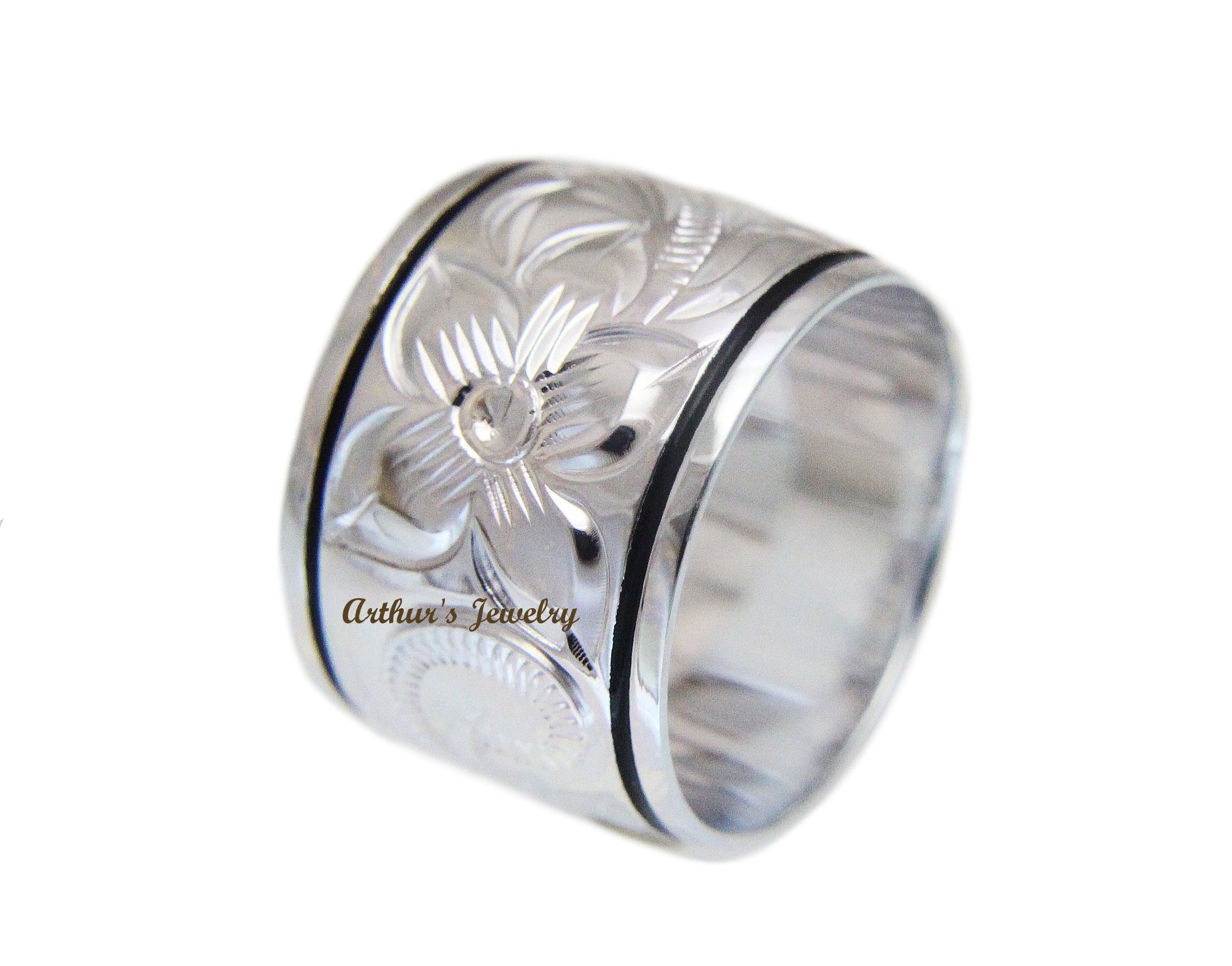 15MM SILVER 925 HAWAIIAN RING PLUMERIA FLOWER SCROLL BLACK BORDER