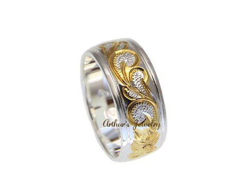 8MM SILVER 925 HAWAIIAN QUEEN SCROLL RING SMOOTH EDGE 2 TONE SIZE 3 - 14