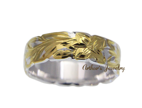 6MM SILVER 925 HAWAIIAN RING YELLOW GOLD PLATED MAILE LEAF 2 TONE SIZE 3 - 14