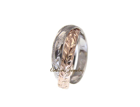 ROSE GOLD PLATED SILVER 925 2 IN 1 HAWAIIAN PLUMERIA SCROLL MAILE RING RHODIUM
