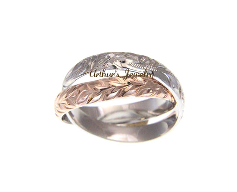 ROSE GOLD PLATED SILVER 925 2 IN 1 HAWAIIAN PLUMERIA SCROLL MAILE RING RHODIUM