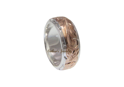 925 SILVER ROSE GOLD PLATED HAWAIIAN PLUMERIA SCROLL 6MM 8MM DOUBLE BAND RING