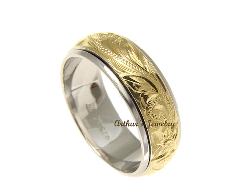 STERLING SILVER 925 HAWAIIAN PLUMERIA SCROLL YELLOW GOLD PLATED 2 TONE SPIN RING