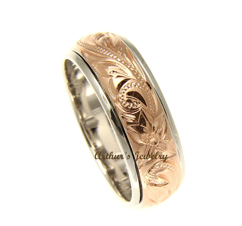 STERLING SILVER 925 HAWAIIAN PLUMERIA SCROLL PINK ROSE GOLD PLATED 2 TONE SPIN RING