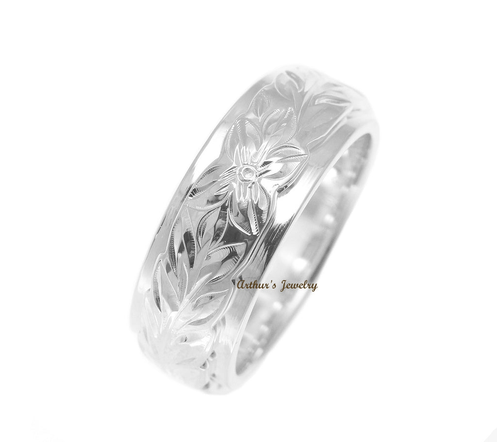 STERLING SILVER 925 HAWAIIAN MAILE LEAF PLUMERIA FLOWER SCROLL 6MM/8MM DOUBLE RING