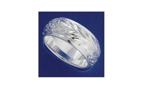 STERLING SILVER 925 HAWAIIAN MAILE LEAF PLUMERIA FLOWER SCROLL 6MM/8MM DOUBLE RING