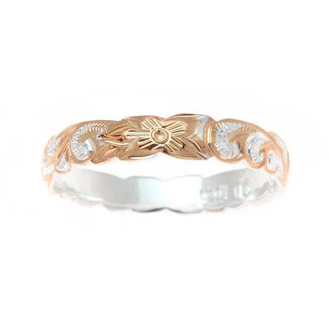 925 Silver 4mm 2T Pink Rose Gold Hawaiian Scroll Hand Engraved Cut Out Ring Band