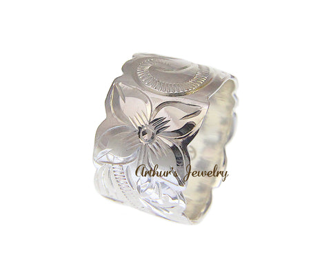925 STERLING SILVER HAWAIIAN PLUMERIA FLOWER SCROLL CUT OUT 15MM BAND RING