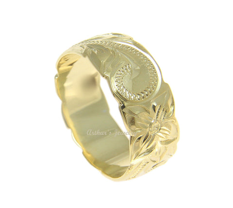 8MM YELLOW GOLD SILVER 925 HAWAIIAN RING PLUMERIA FLOWER SCROLL CUT OUT EDGE