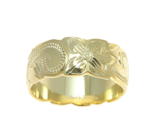 8MM YELLOW GOLD SILVER 925 HAWAIIAN RING PLUMERIA FLOWER SCROLL CUT OUT EDGE