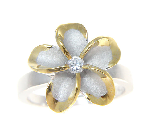 STERLING SILVER 925 HAWAIIAN PLUMERIA FLOWER RING 15MM CZ RHODIUM YELLOW GOLD 2T