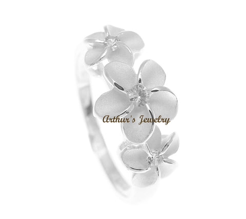 STERLING SILVER 925 HAWAIIAN 3 PLUMERIA FLOWER CLEAR CZ RING