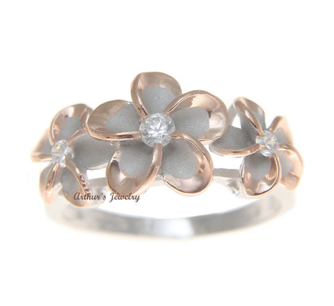 STERLING SILVER 925 HAWAIIAN FANCY 3 PLUMERIA FLOWER RING RHODIUM PG SIZE 3 - 10