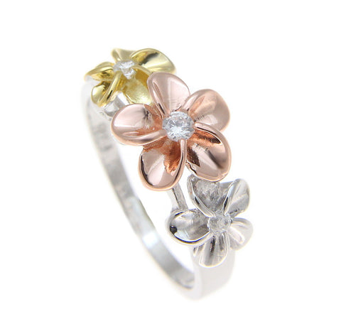 STERLING SILVER 925 TRICOLOR HAWAIIAN 8-10-8MM PLUMERIA FLOWER RING SIZE 3 - 10
