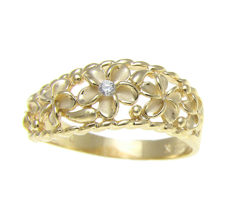 YELLLOW GOLD 925 SILVER 5 HAWAIIAN PLUMERIA FLOWER CZ RING CURVE STYLE