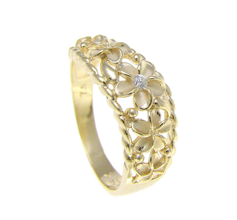 YELLLOW GOLD 925 SILVER 5 HAWAIIAN PLUMERIA FLOWER CZ RING CURVE STYLE