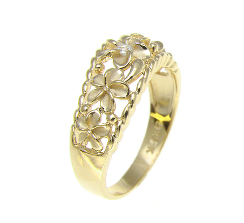 YELLLOW GOLD 925 SILVER 5 HAWAIIAN PLUMERIA FLOWER CZ RING CURVE STYLE