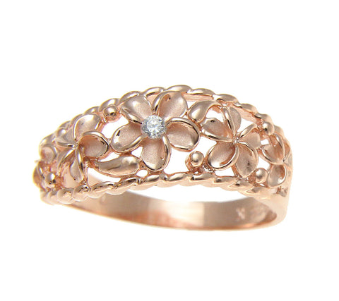 PINK ROSE GOLD PLATED 925 SILVER 5 HAWAIIAN PLUMERIA FLOWER CZ RING CURVE STYLE