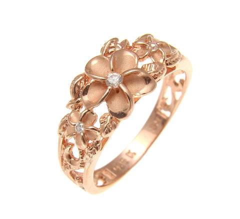 ROSE GOLD PLATED SILVER 925 HAWAIIAN 3 PLUMERIA FLOWER RING MAILE CUT OUT SCROLL