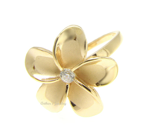 YELLOW GOLD PLATED STERLING SILVER 925 HAWAIIAN PLUMERIA FLOWER RING 21MM CZ size 3 to 12