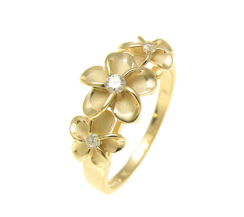 YELLOW GOLD PLATED STERLING SILVER 925 HAWAIIAN 3 PLUMERIA FLOWER RING CZ