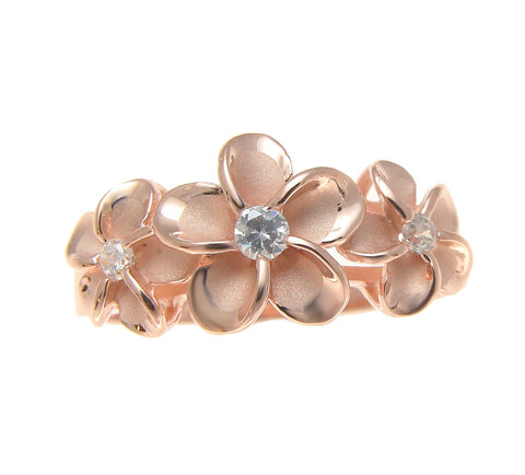 PINK ROSE GOLD PLATED STERLING SILVER 925 HAWAIIAN 3 PLUMERIA FLOWER RING CZ