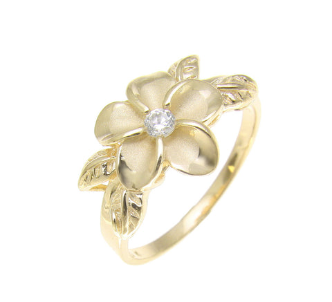 YELLOW GOLD PLATED SILVER 925 HAWAIIAN PLUMERIA FLOWER MAILE LEAF LEAVES RING CZ