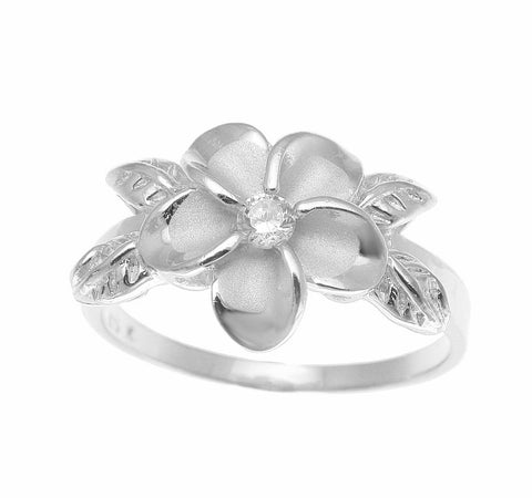 SILVER 925 HAWAIIAN 12MM PLUMERIA FLOWER 4 MAILE LEAF RING RHODIUM SIZE 3-10