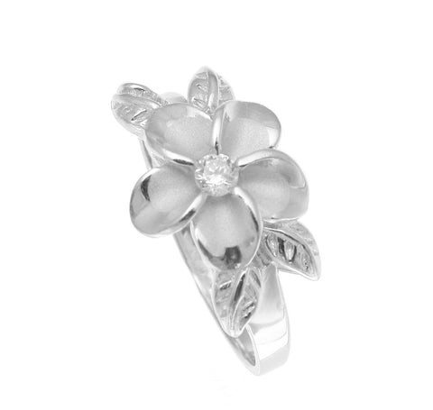 SILVER 925 HAWAIIAN 12MM PLUMERIA FLOWER 4 MAILE LEAF RING RHODIUM SIZE 3-10