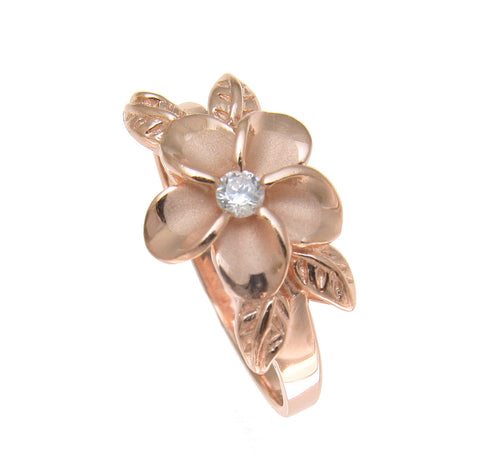 PINK ROSE SILVER 925 HAWAIIAN FANCY PLUMERIA FLOWER MAILE LEAF RING SIZE 3-10