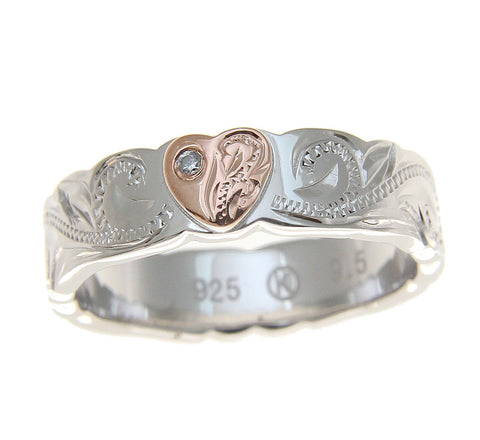 SILVER 925 HAWAIIAN SCROLL RING ROSE GOLD PLATED HEART CZ RHODIUM THICK HEAVY