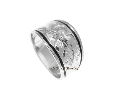 SILVER 925 HAWAIIAN RING PLUMERIA SCROLL 12MM TAPER BAND BLACK BORDER RHODIUM