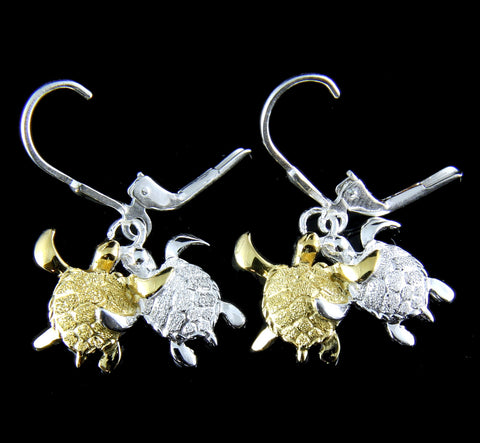 925 SILVER 2 TONE YELLOW COUPLE HAWAIIAN HONU TURTLE DANGLING LEVERBACK EARRINGS