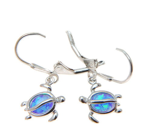 925 Sterling Silver Rhodium Hawaiian Honu Turtle Blue Opal Leverback Earrings