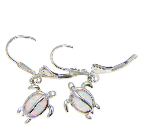 925 Sterling Silver Rhodium Hawaiian Honu Turtle White Opal Leverback Earrings