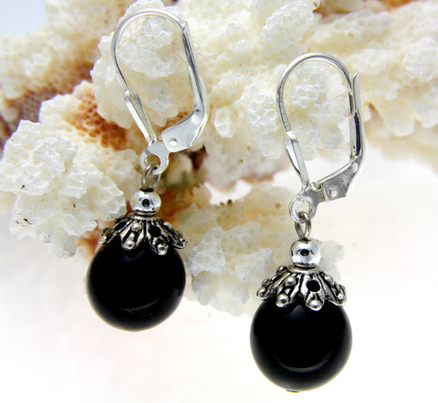 GENUINE NATURAL BLACK CORAL 10MM BALL LEVERBACK EARRINGS 925 STERLING SILVER