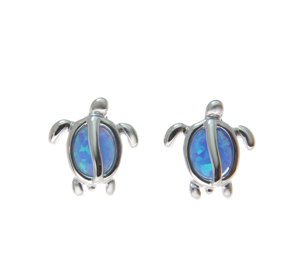 925 Sterling Silver Rhodium Hawaiian Honu Turtle Blue Opal Post Stud Earrings