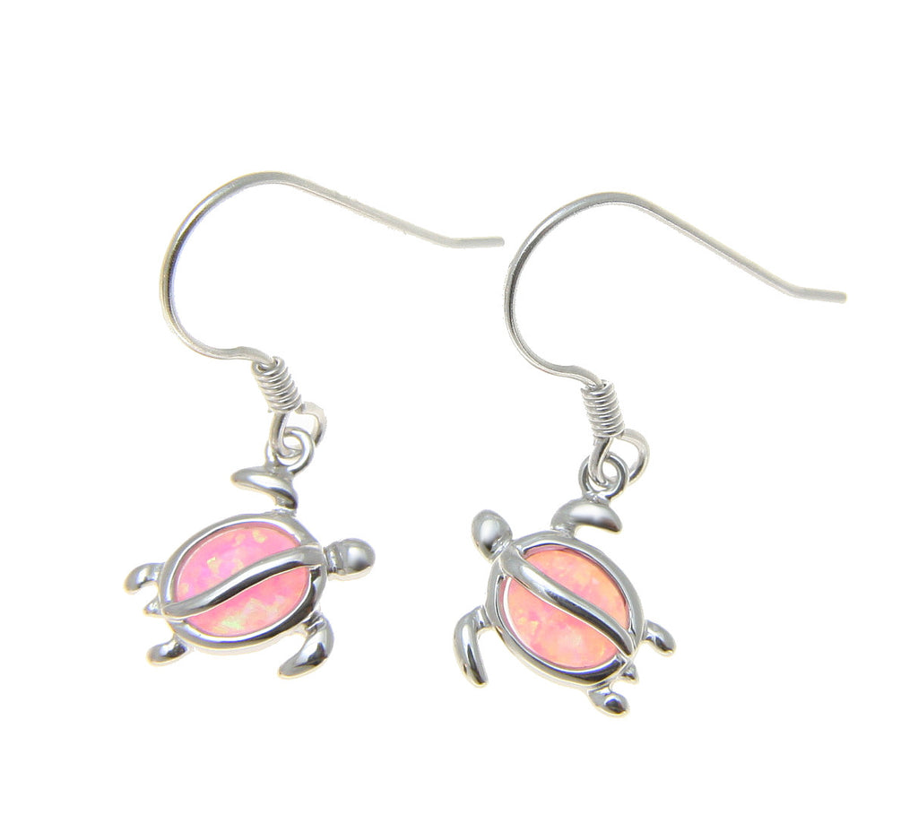 925 Sterling Silver Rhodium Hawaiian Honu Turtle Pink Opal Hook Wire Earrings