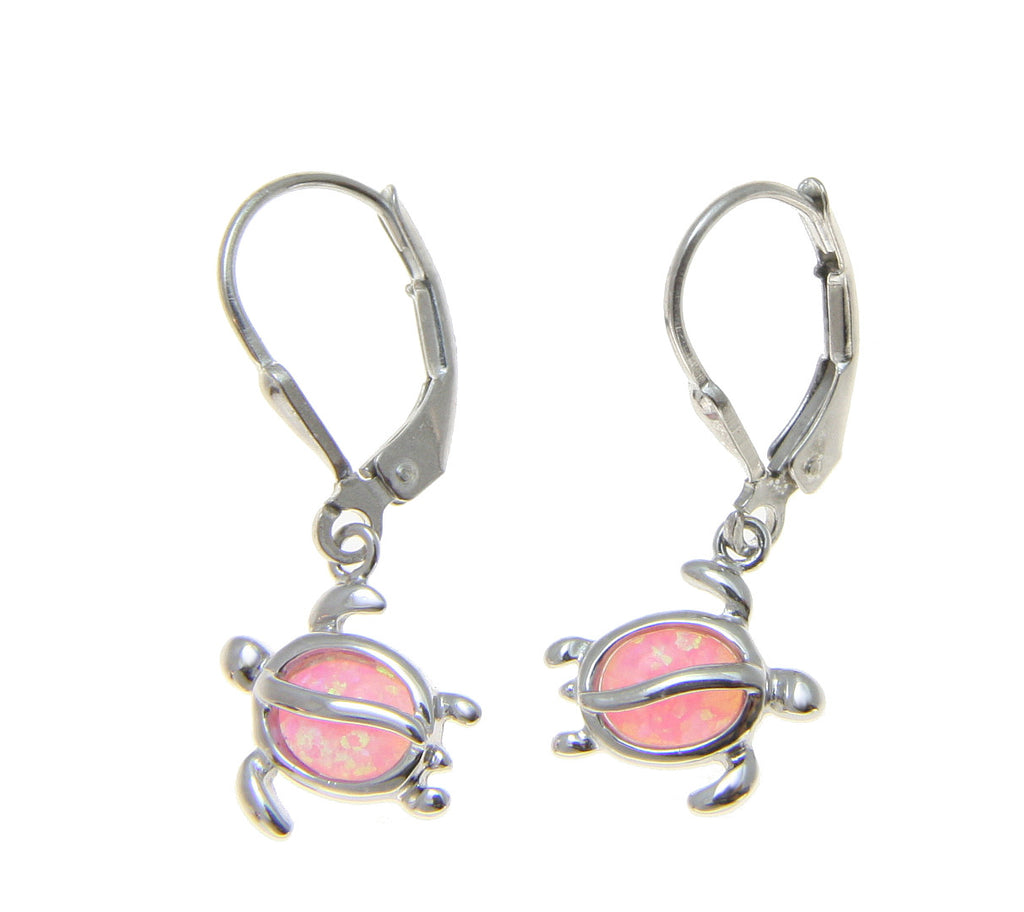 925 Sterling Silver Rhodium Hawaiian Honu Turtle Pink Opal Leverback Earrings