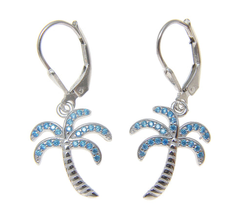925 Sterling Silver Blue Topaz Hawaiian Palm Tree Leverback Earrings