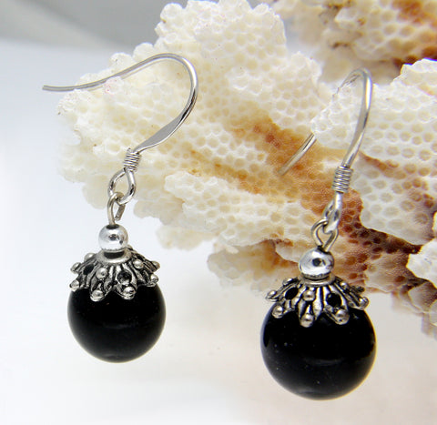 GENUINE NATURAL BLACK CORAL 10MM BALL DANGLE HOOK EARRINGS 925 STERLING SILVER