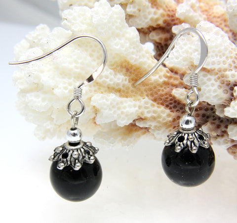 GENUINE NATURAL BLACK CORAL 10MM BALL DANGLE HOOK EARRINGS 925 STERLING SILVER