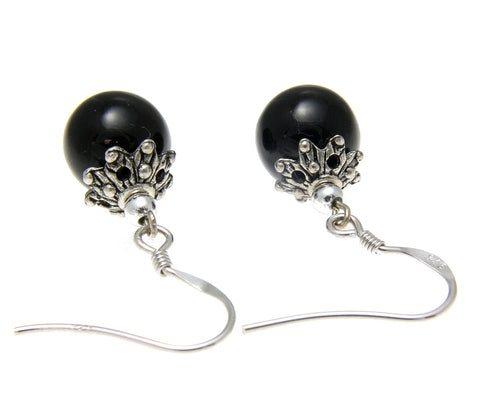 GENUINE NATURAL BLACK CORAL 10MM BALL DANGLE HOOK EARRINGS 925 STERLING SILVER