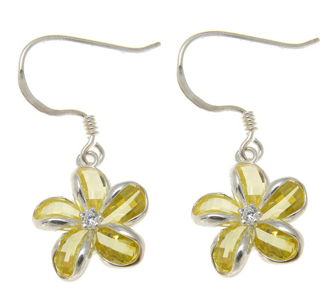 925 SILVER FACET YELLOW NATURAL CRYSTAL PLUMERIA FLOWER WIRE HOOK EARRINGS