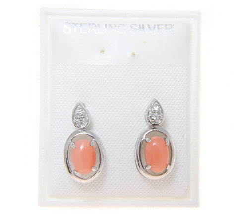 925 Sterling Silver Rhodium CZ Genuine Natural 4x6mm Oval Pink Coral Earrings